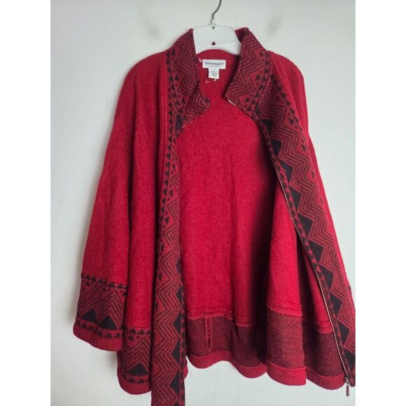 Serengeti Red w/Black Fair Isle Print 100% Wool Full Zip Cape Sweater size XL - Picture 8 of 10